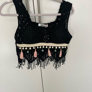 Boho Cropped Crochet Tank Top with Tassel Trim - Black